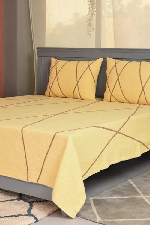 Yellow Handmade Cotton Abstract Printed Bedsheet with Pillow Covers (Set of 3)